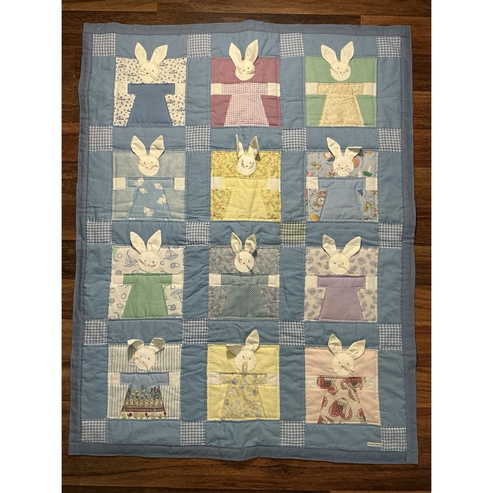 Handmade By Gloria Patchwork Blue Quilt Appliquéd Bunnies W/Dresses 41in X 32in*